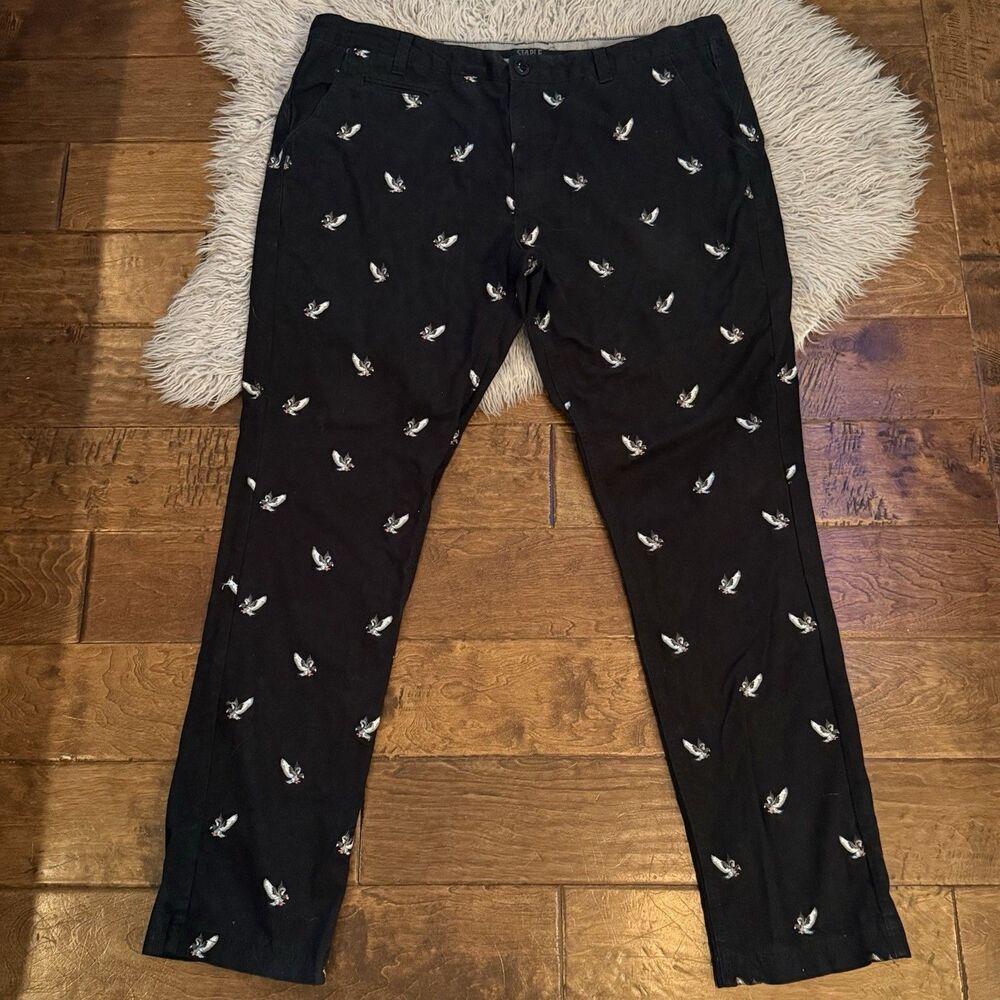 Staple Pigeon Mens Pants Black All Over Print Cotton Chino Trousers Size 42